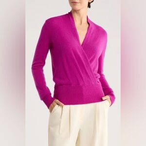 💯Cashmere Sofia Cashmere Bright Pink V-Neck Sweater